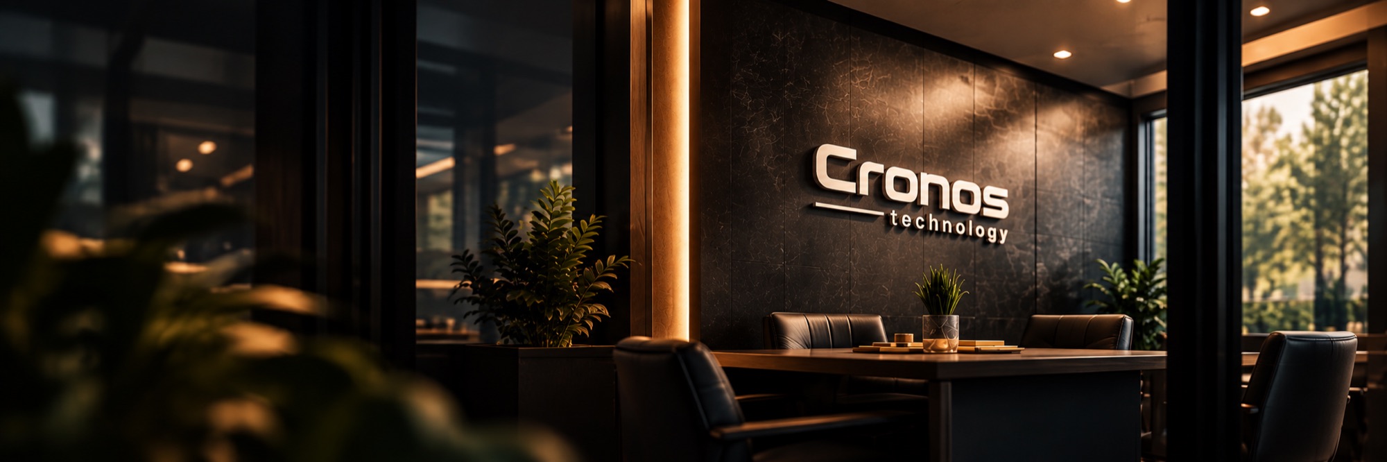 Escritório da Cronos Technology, com a marca aplicada na parede